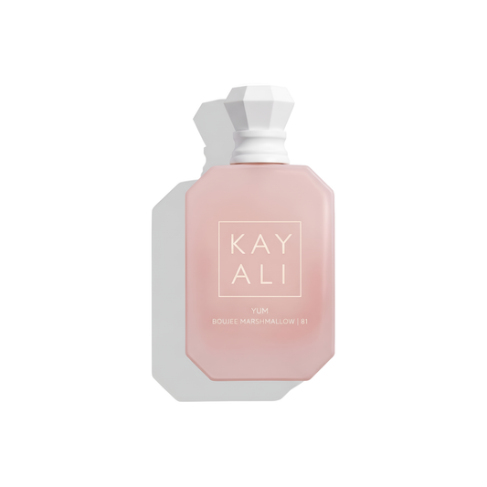 Bottle of Kayali Yum Boujee Marshmallow Intense | 81 EDP fragrance on a white background with soft shadow