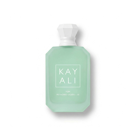 Bottle of Kayali Yum Pistachio Gelato | 33 EDP fragrance on a white background with soft shadow