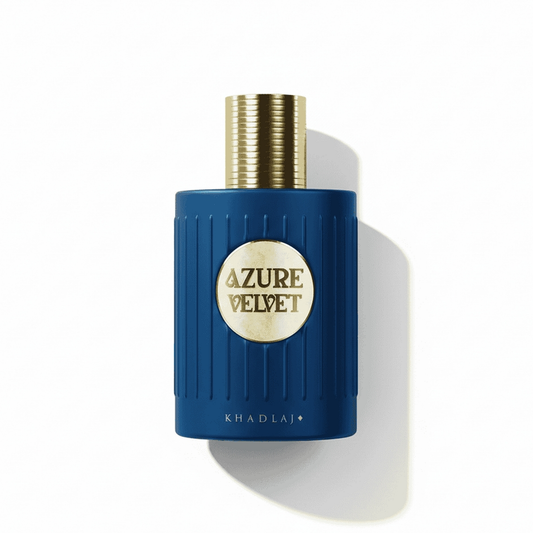 Bottle of Khadlaj Azure Velvet Extrait fragrance on a white background with soft shadow