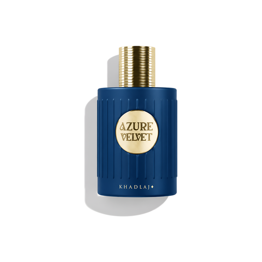 Bottle of Khadlaj Azure Velvet Extrait fragrance on a white background with soft shadow