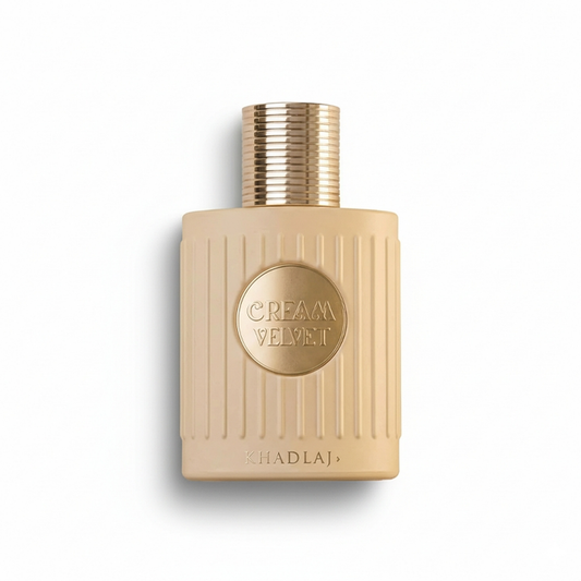 Bottle of Khadlaj Cream Velvet Extrait fragrance on a white background with soft shadow