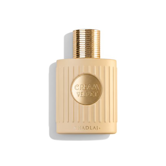 Bottle of Khadlaj Cream Velvet Extrait fragrance on a white background with soft shadow
