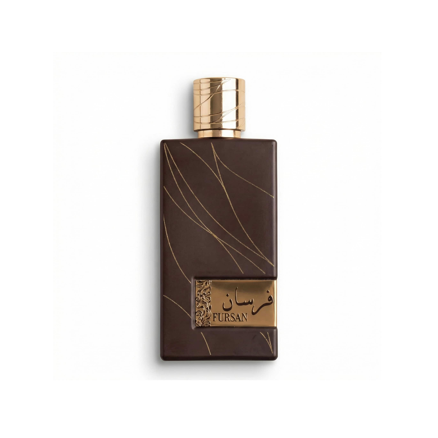Bottle of Khadlaj Fursan Brown EDP fragrance on a white background with soft shadow