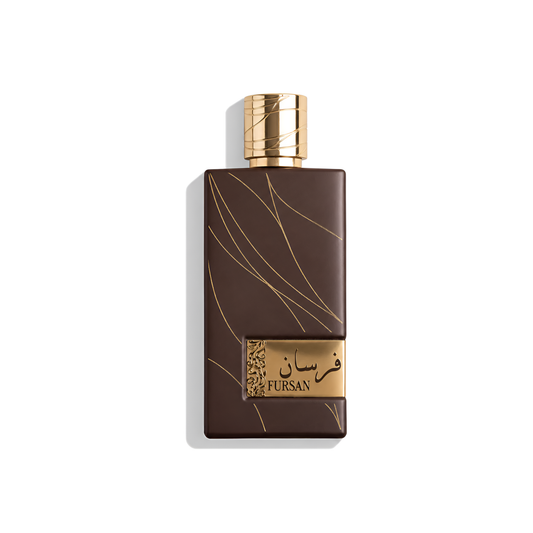 Bottle of Khadlaj Fursan Brown EDP fragrance on a white background with soft shadow
