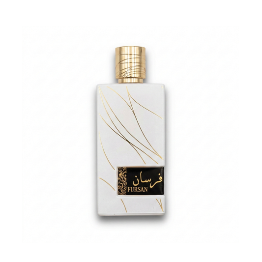 Bottle of Khadlaj Fursan White EDP fragrance on a white background with soft shadow
