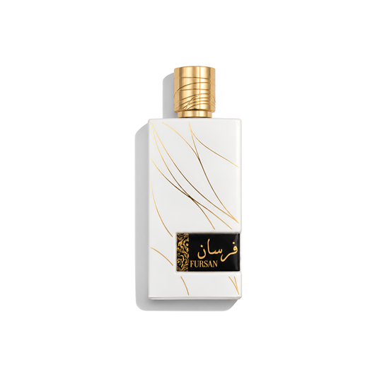 Bottle of Khadlaj Fursan White EDP fragrance on a white background with soft shadow