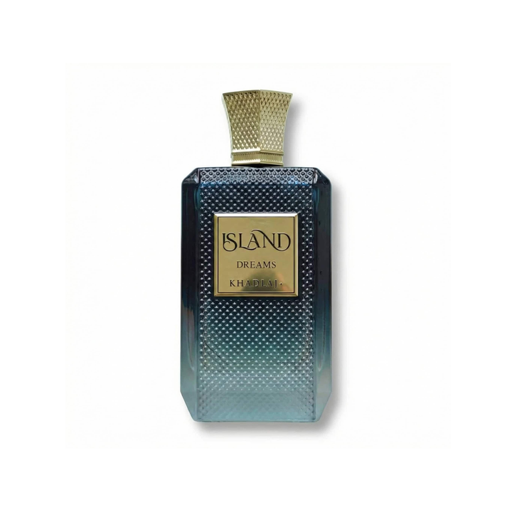 Bottle of Khadlaj Island Dreams EDP fragrance on a white background with soft shadow