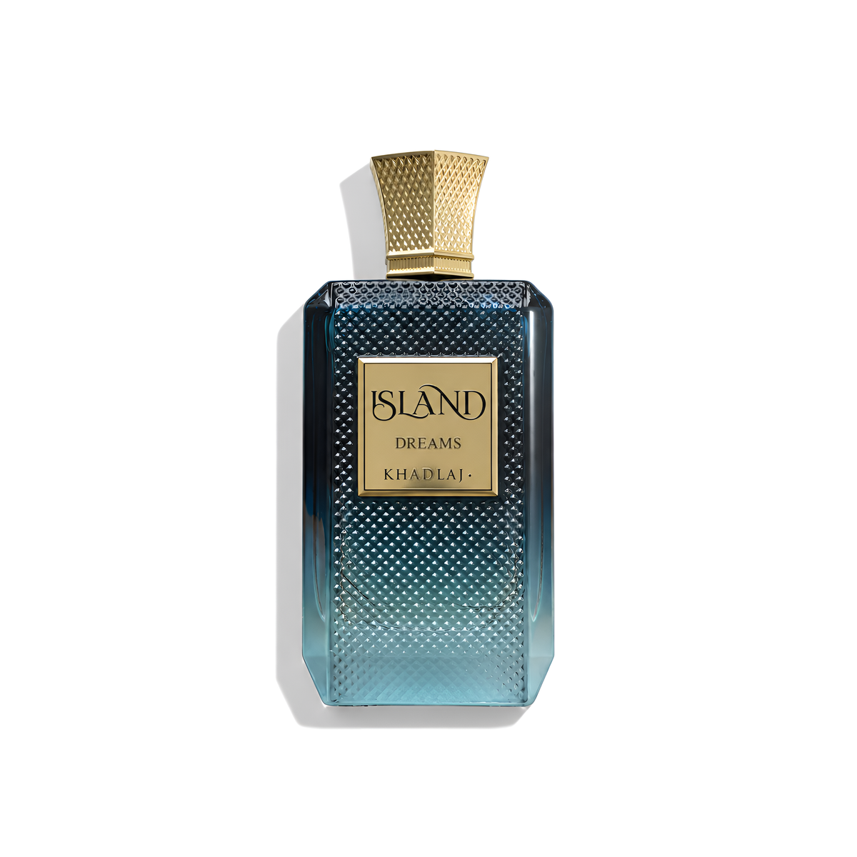 Bottle of Khadlaj Island Dreams Extrait fragrance on a white background with soft shadow