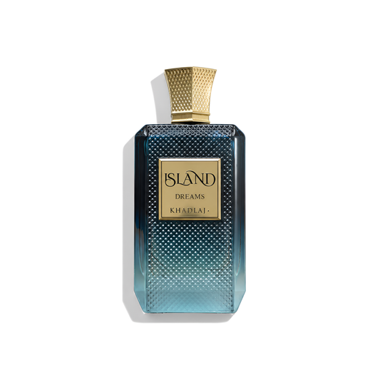 Bottle of Khadlaj Island Dreams Extrait fragrance on a white background with soft shadow