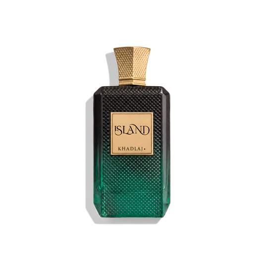 Bottle of Khadlaj Island Extrait fragrance on a white background with soft shadow