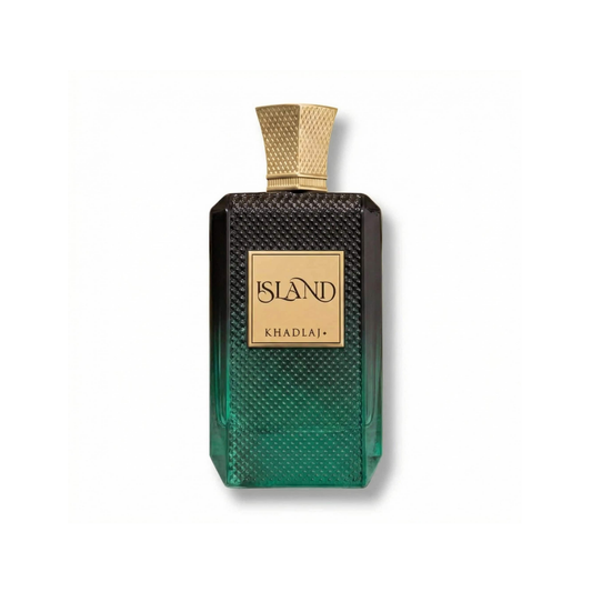 Bottle of Khadlaj Island Parfum fragrance on a white background with soft shadow