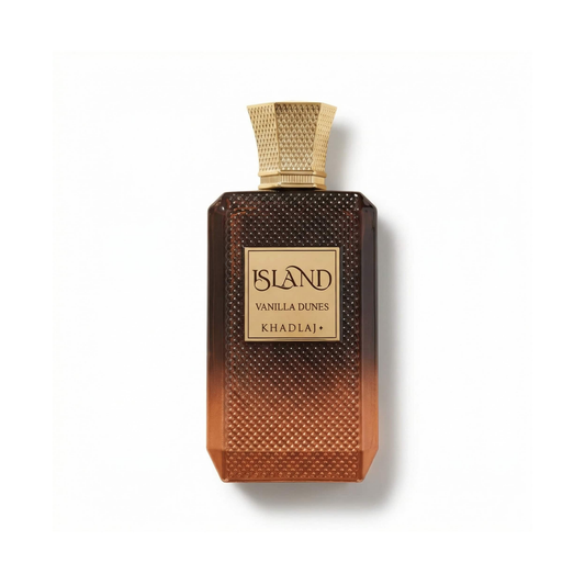 Bottle of Khadlaj Island Vanilla Dunes EDP fragrance on a white background with soft shadow