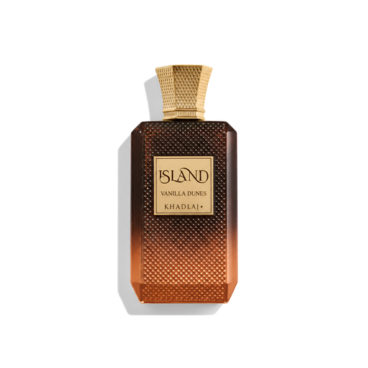 Bottle of Khadlaj Island Vanilla Dunes Extrait fragrance on a white background with soft shadow