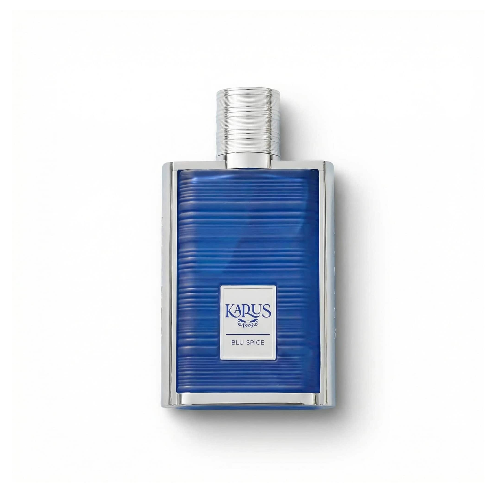 Bottle of Khadlaj Karus Blu Spice EDP fragrance on a white background with soft shadow