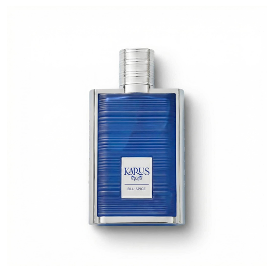 Bottle of Khadlaj Karus Blu Spice EDP fragrance on a white background with soft shadow