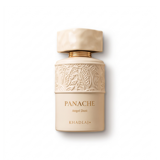 Bottle of Khadlaj Panache Angel Dust Extrait fragrance on a white background with soft shadow