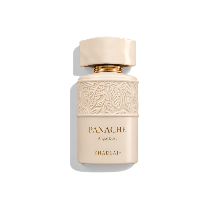 Bottle of Khadlaj Panache Angel Dust Extrait fragrance on a white background with soft shadow