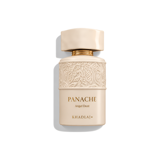 Bottle of Khadlaj Panache Angel Dust Extrait fragrance on a white background with soft shadow