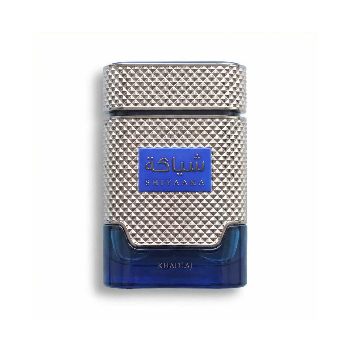 Bottle of Khadlaj Shiyaaka Blue EDP fragrance on a white background with soft shadow