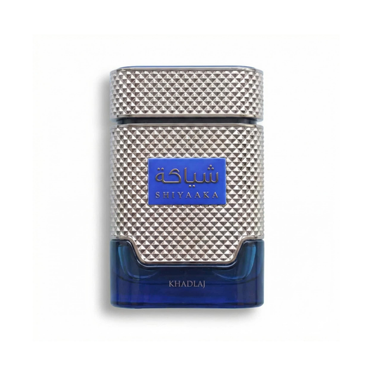 Bottle of Khadlaj Shiyaaka Blue EDP fragrance on a white background with soft shadow