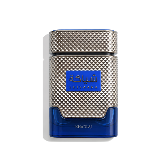 Bottle of Khadlaj Shiyaaka Blue EDP fragrance on a white background with soft shadow