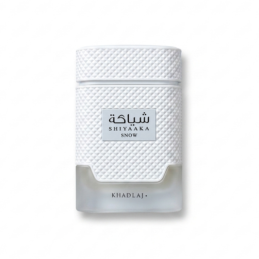 Bottle of Khadlaj Shiyaaka Snow EDP fragrance on a white background with soft shadow