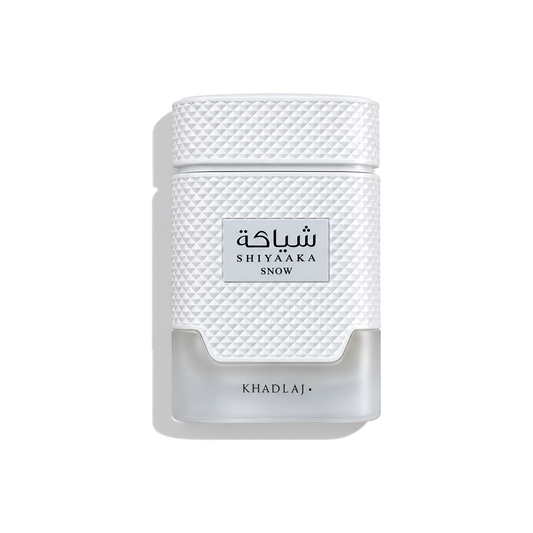 Bottle of Khadlaj Shiyaaka Snow EDP fragrance on a white background with soft shadow