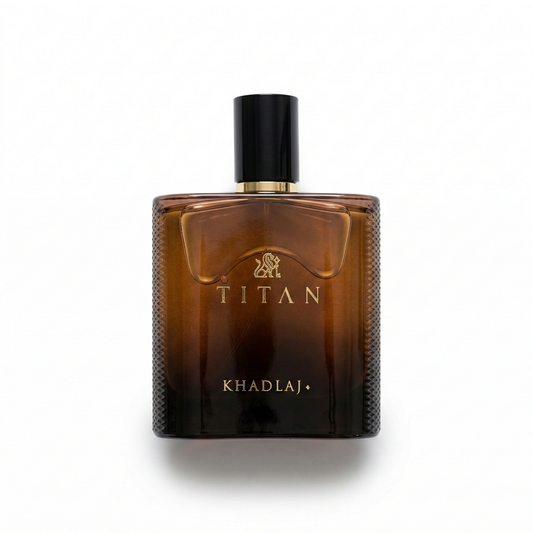 Bottle of Khadlaj Titan EDP fragrance on a white background with soft shadow