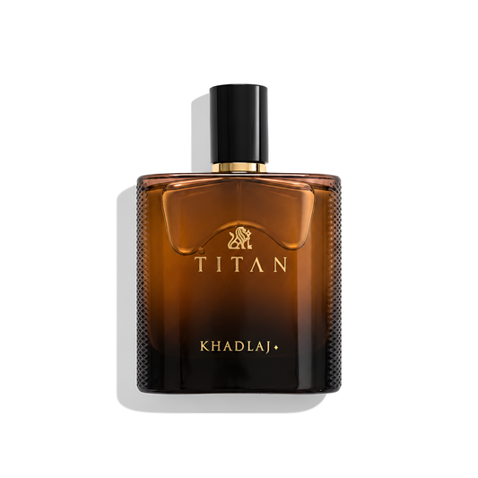 Bottle of Khadlaj Titan EDP fragrance on a white background with soft shadow
