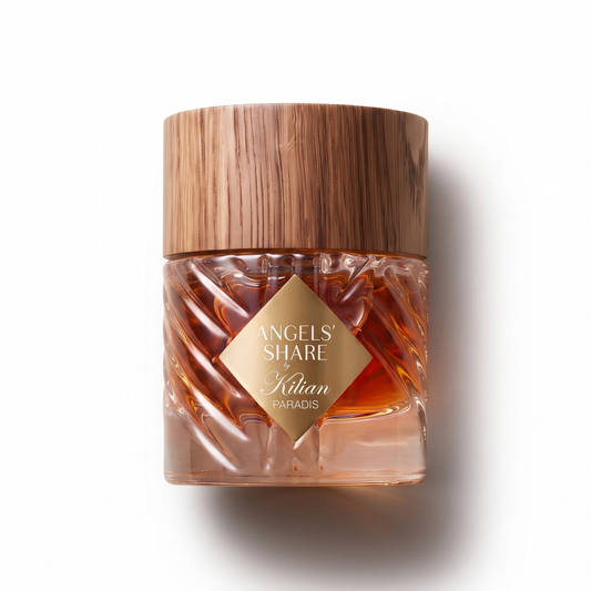 Bottle of Kilian Angels' Share Paradis Extrait fragrance on a white background with soft shadow