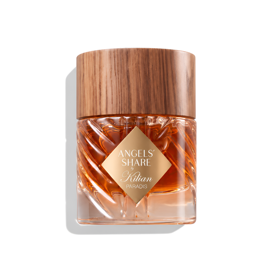 Bottle of Kilian Angels' Share Paradis Extrait fragrance on a white background with soft shadow