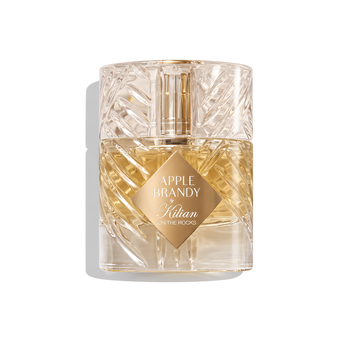 Bottle of Kilian Apple Brandy on the Rocks EDP fragrance on a white background with soft shadow
