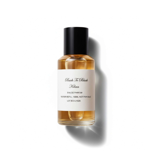 Bottle of Kilian Back To Black EDP fragrance on a white background with soft shadow