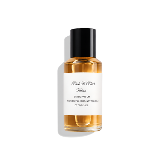 Bottle of Kilian Back To Black EDP fragrance on a white background with soft shadow