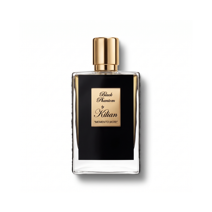 Bottle of Kilian Black Phantom EDP fragrance on a white background with soft shadow