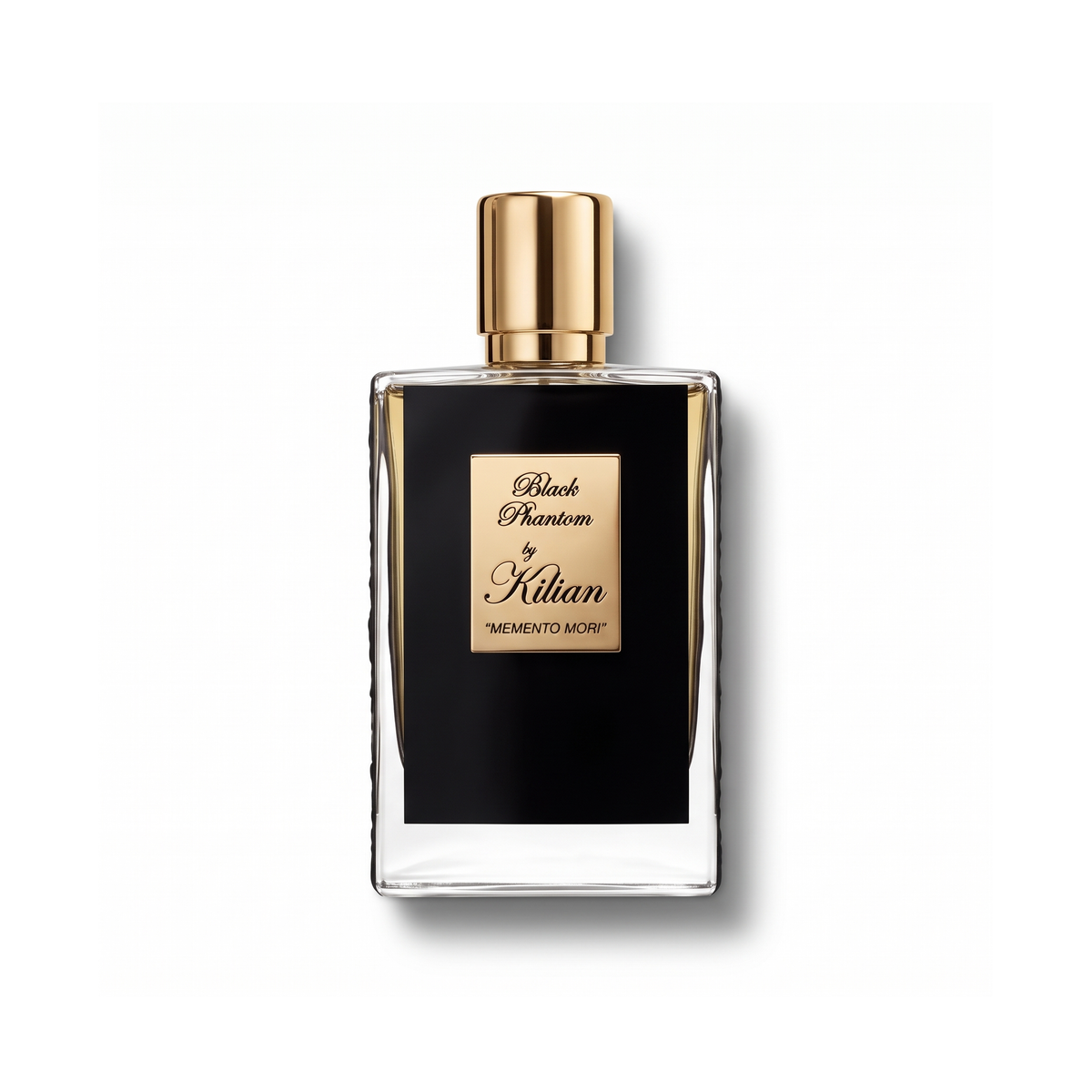 Bottle of Kilian Black Phantom EDP fragrance on a white background with soft shadow
