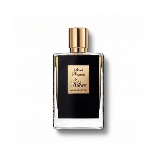 Bottle of Kilian Black Phantom EDP fragrance on a white background with soft shadow