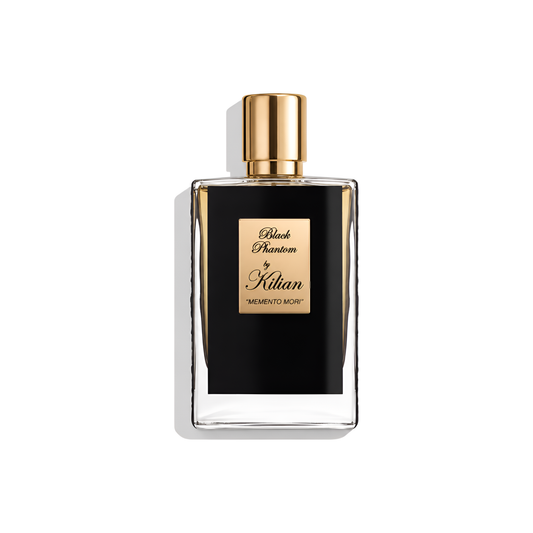 Bottle of Kilian Black Phantom EDP fragrance on a white background with soft shadow