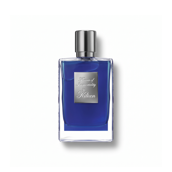 Bottle of Kilian Flower of Immortality EDP fragrance on a white background with soft shadow