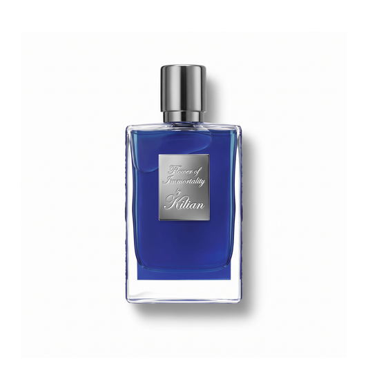 Bottle of Kilian Flower of Immortality EDP fragrance on a white background with soft shadow