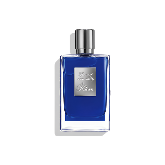 Bottle of Kilian Flower of Immortality EDP fragrance on a white background with soft shadow