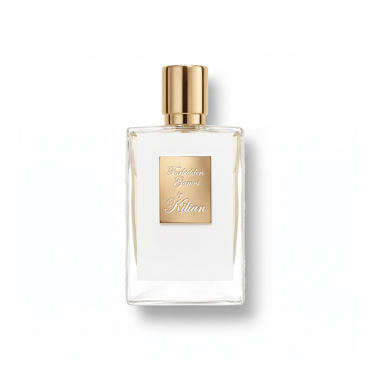 Bottle of Kilian Forbidden Games EDP fragrance on a white background with soft shadow