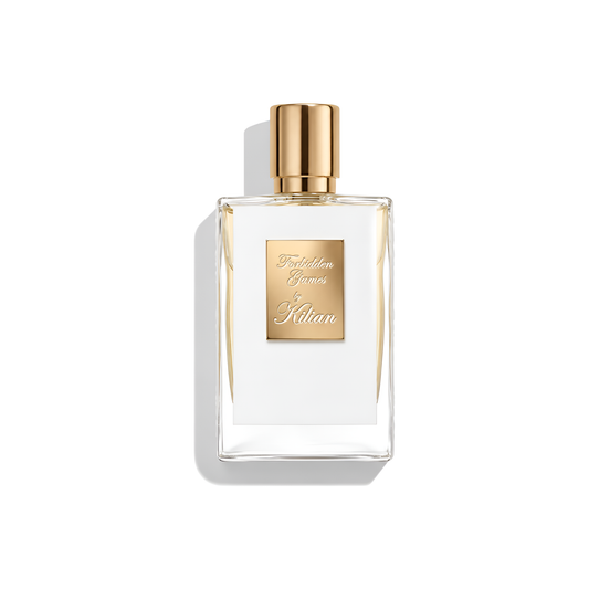 Bottle of Kilian Forbidden Games EDP fragrance on a white background with soft shadow