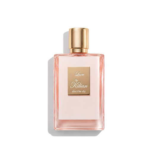 Bottle of Kilian Love, don’t be shy EDP fragrance on a white background with soft shadow