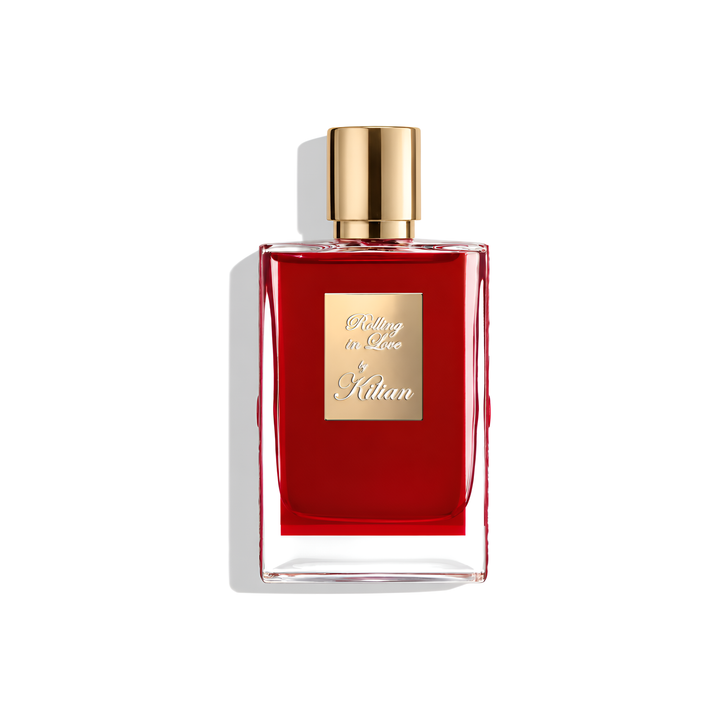 Bottle of Kilian Rolling in Love EDP fragrance on a white background with soft shadow