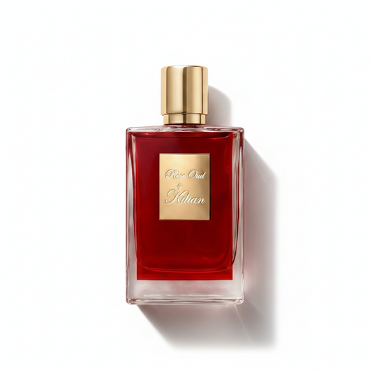 Bottle of Kilian Rose Oud (Batch 2015) EDP fragrance on a white background with soft shadow