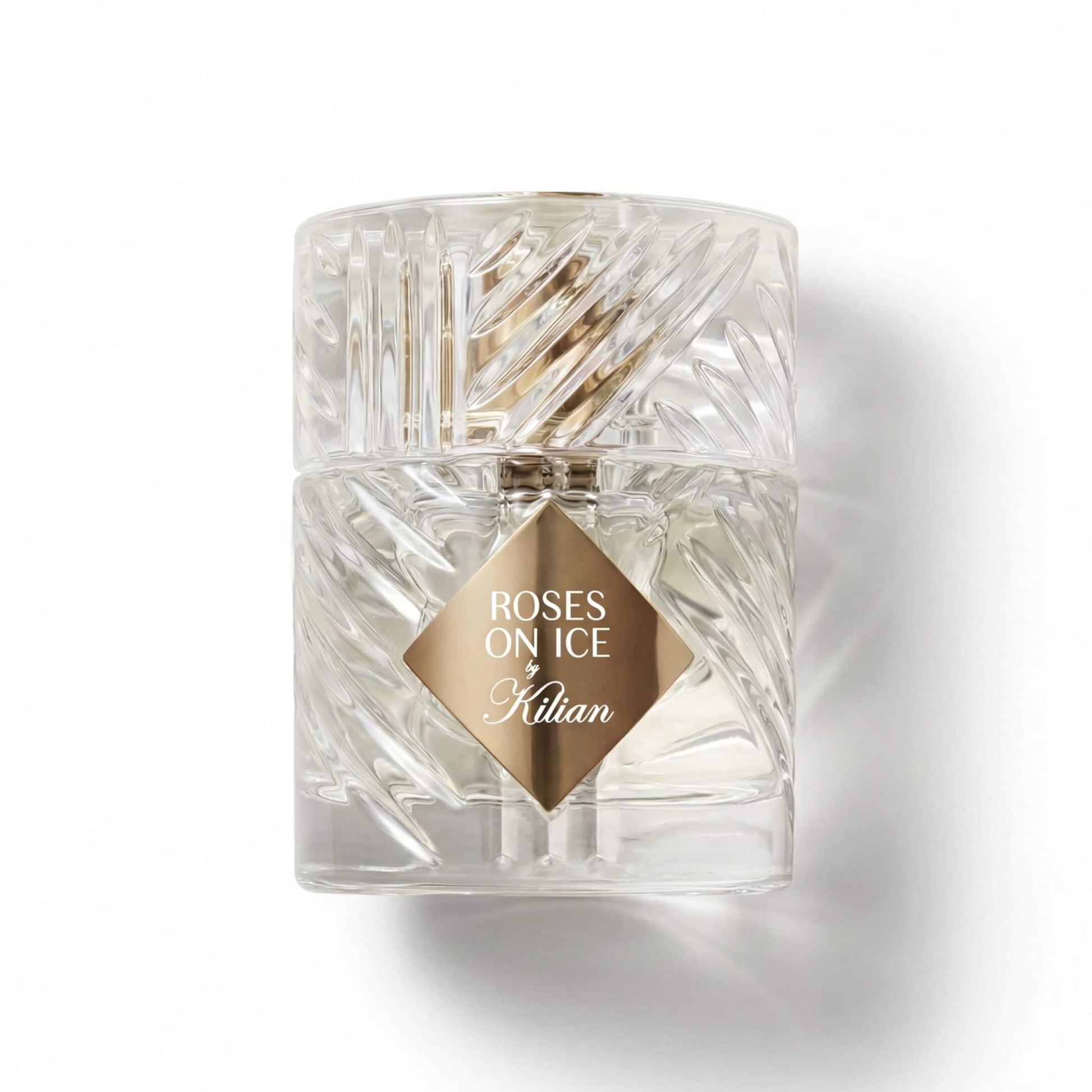Bottle of Kilian Roses On Ice EDP fragrance on a white background with soft shadow