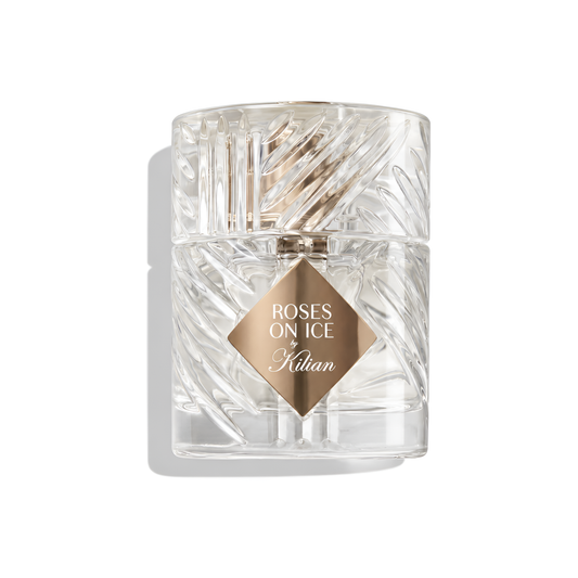 Bottle of Kilian Roses On Ice EDP fragrance on a white background with soft shadow