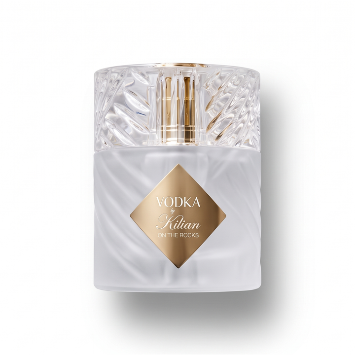 Bottle of Kilian Vodka on the Rocks EDP fragrance on a white background with soft shadow