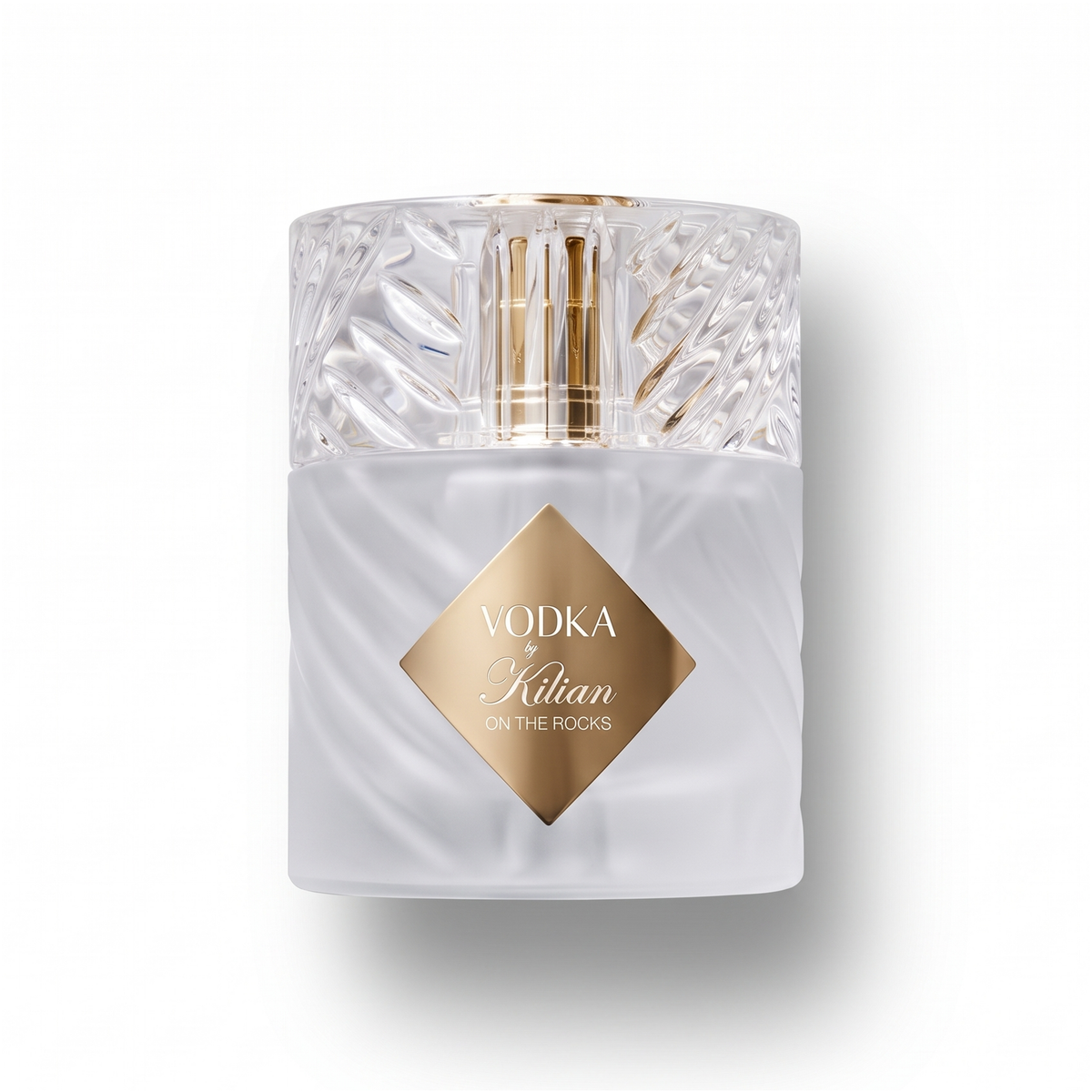 Bottle of Kilian Vodka on the Rocks EDP fragrance on a white background with soft shadow